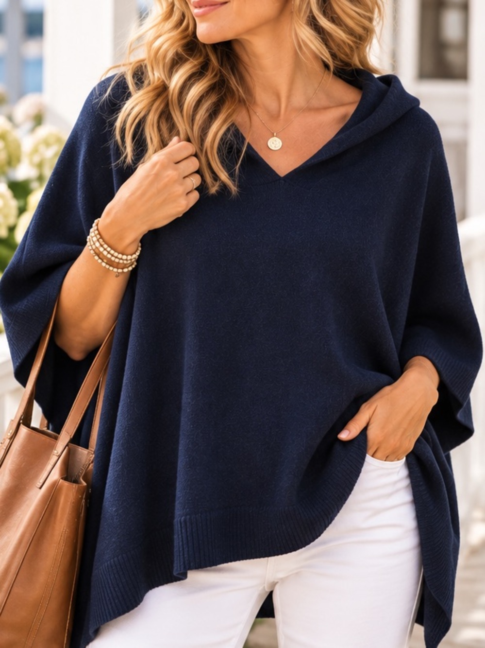 Pure Jill J.Jill Navy Cotton Cashmere Hooded Poncho 3X 4X